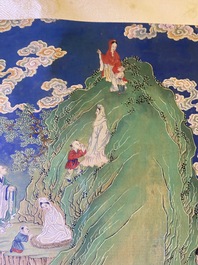 Chinese school, ink and color on canvas: 'Mountainous landscape with goddesses, mythical animals and boys', 19/20th C.